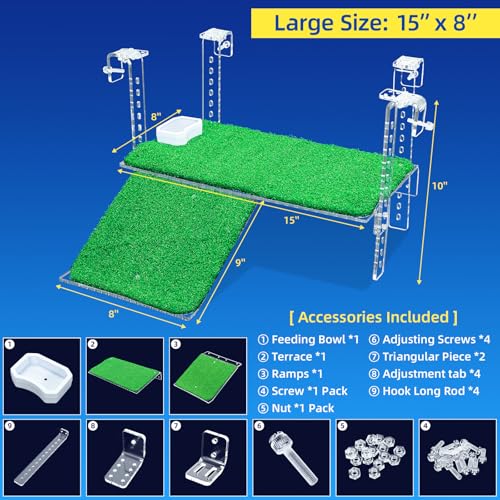 BINANO Turtle Basking Platform with Artificial Grass Adjustable Ramp NonSlip Large Dock for Aquatic Turtles Fits 031211 Thick Tanks Durable Acrylic Turtle Tank Accessories 15 Inch - Image 3