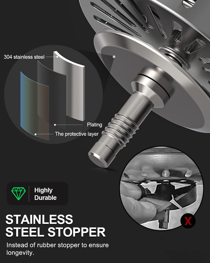 BOTEMY B9171 Kitchen Sink Drain 3 1/2 Inch Kitchen Sink Drain Strainer Assmebly Kit Stainless Steel Sink Strainer Basket/Drain Stopper for 3.5'' Standard American Drain Hole (Brushed) - Image 3