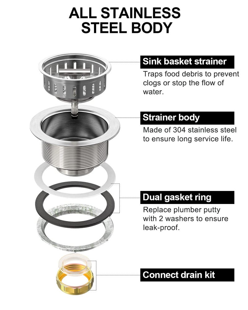BOTEMY B9171 Kitchen Sink Drain 3 1/2 Inch Kitchen Sink Drain Strainer Assmebly Kit Stainless Steel Sink Strainer Basket/Drain Stopper for 3.5'' Standard American Drain Hole (Brushed) - Image 5