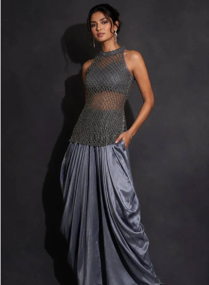 Lehar Silver Mesh Halter Gown with Draped Skirt and Bustier