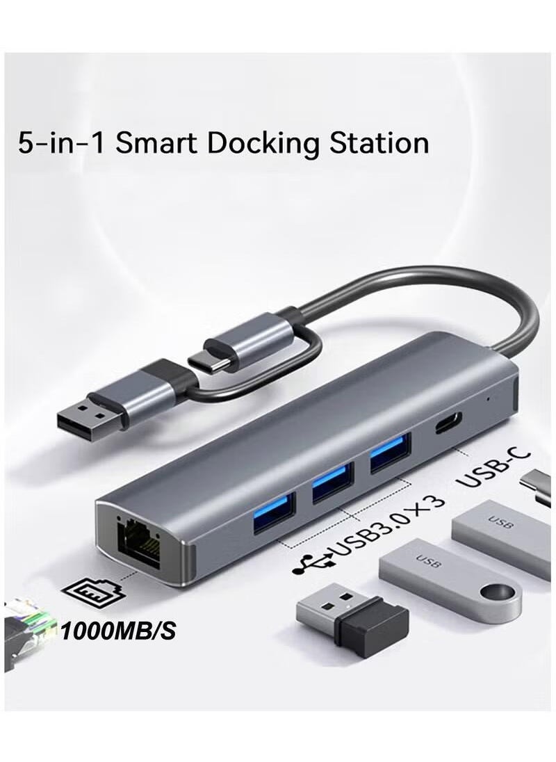سوبر زي يوث - محول USB C إلى إيثرنت، محور USB 5-in-2 مع منفذ Gigabit RJ45، 3 منافذ USB 3.0، شحن USB-C، تشغيل فوري، تصميم صغير الحجم متوافق مع MacBook، Windows 11، XPS، وأجهزة اللابتوب - Image 1