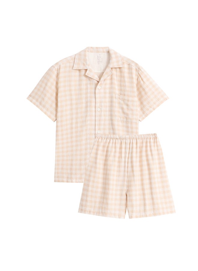Non-printing Cotton Double-layer Yarn Short-sleeved Shorts Pajamas Men's And Women's Spring And Summer Style Non-side Seam Pure Cotton Home Wear Thin Style