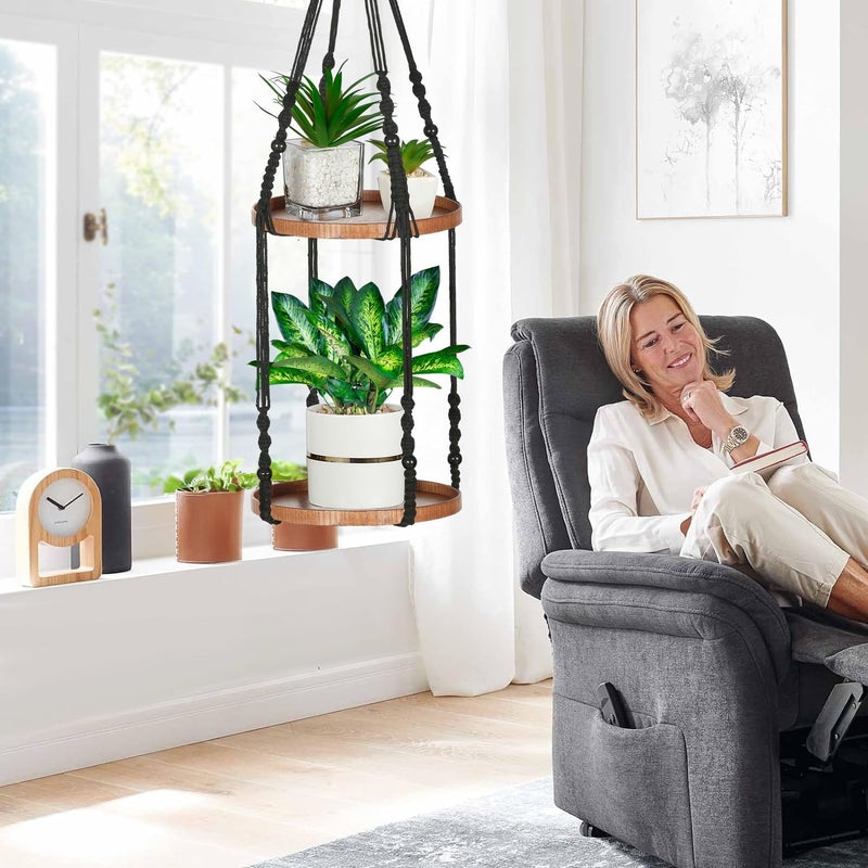 Shineloha 2 Tier Macrame Plant Hanger | Plant Hanger Indoor, Hanging Planter | Hanging Planter Shelf (Black) (Large, 12" Shelf) - Image 5