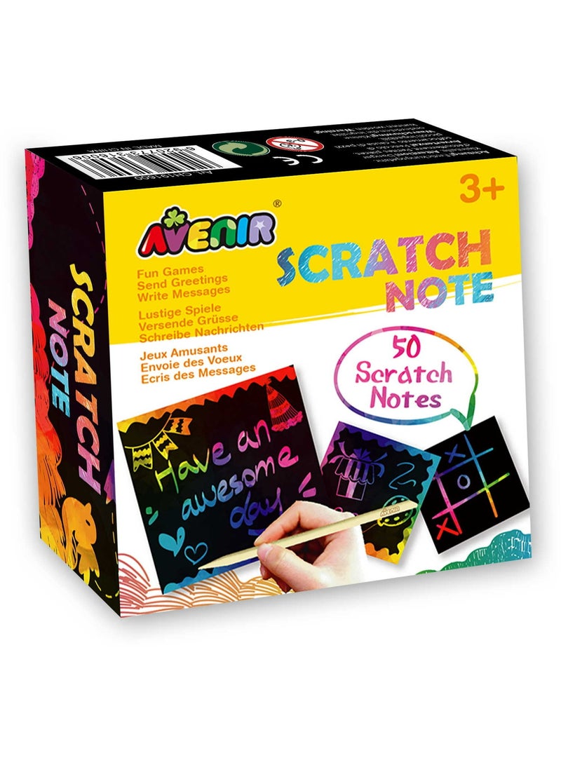 Avenir - Scratch Note 50 scratch cards | fantastic way for kids and adults alike to express their creativity! Play fun games like tic-tac-toe, send cute greetings to friends and family, write messages that jump out with rainbow colours! | includes an easy-to-grasp scratch tool, and a wiping cloth. Cards measure 3.5" x 3.5". For ages 3 years and up. - Image 1