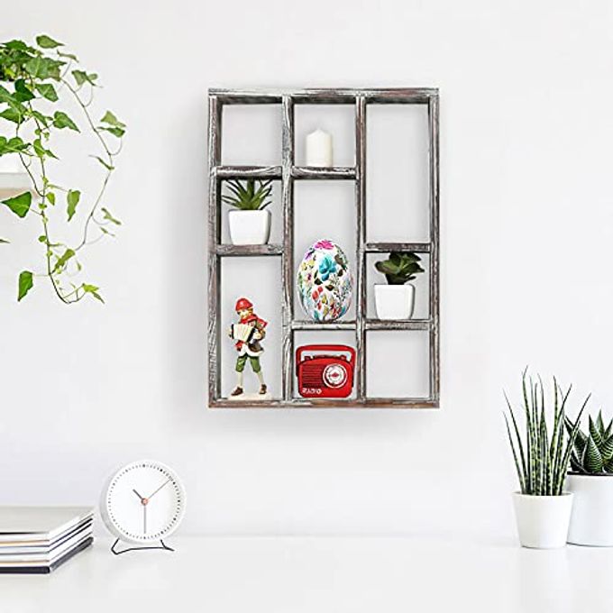 MyGift 9 Compartment Rustic Torched Solid Wood Shadow Box, Wall Mountable Curio Display Case, Freestanding or Floating Shelf for Collectible Figurines, Succulents - Image 3
