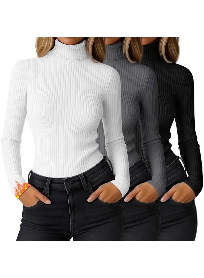 Ficerd 3 Pack Women's Ribbed Thermal Turtleneck Tops Long Sleeve Stretch Shirts Knitted Fitted Lightweight Base Layer(L,Black, Charcoal Gray, White) - Image 1