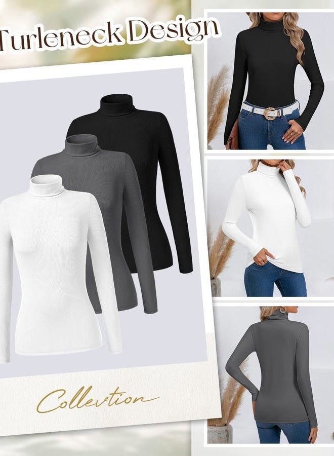 Ficerd 3 Pack Women's Ribbed Thermal Turtleneck Tops Long Sleeve Stretch Shirts Knitted Fitted Lightweight Base Layer(L,Black, Charcoal Gray, White) - Image 2