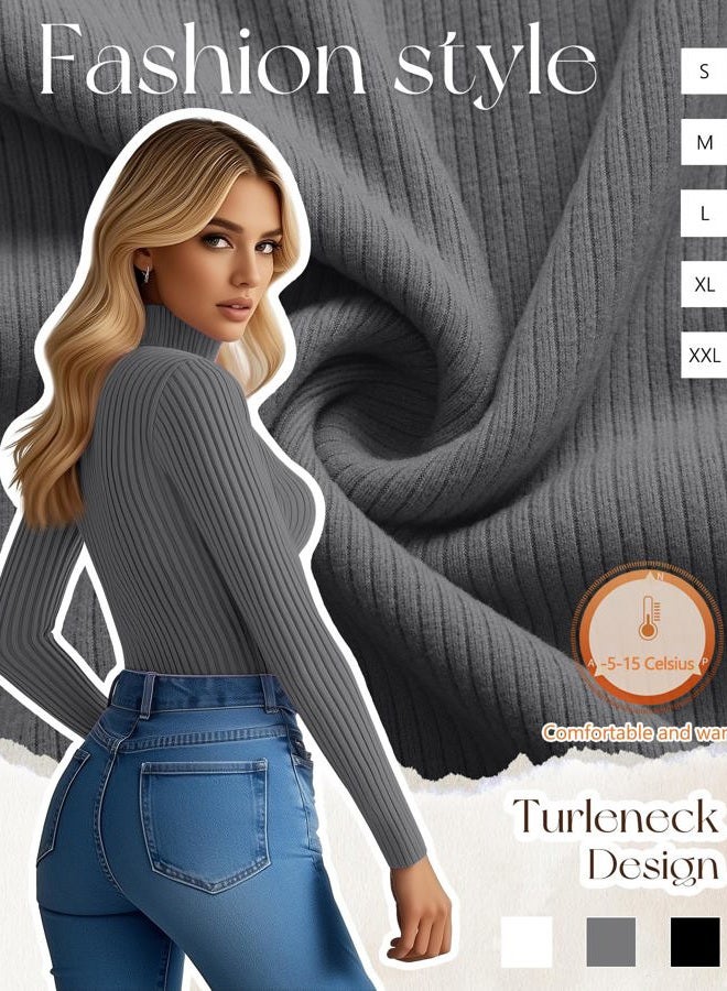 Ficerd 3 Pack Women's Ribbed Thermal Turtleneck Tops Long Sleeve Stretch Shirts Knitted Fitted Lightweight Base Layer(L,Black, Charcoal Gray, White) - Image 4