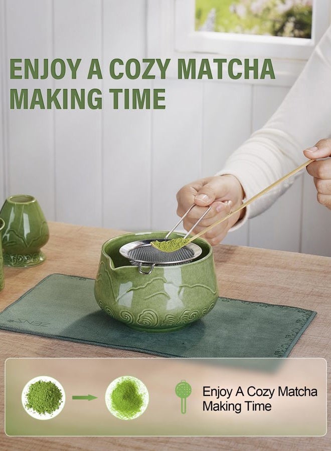 Zens Matcha Whisk Set, 17oz Ceramic Matcha Set Includes Matcha Bowl, Bamboo Whisk & Chasen Holder, Sifter, Scoop & Tea Towel, 6pcs Matcha Kit for Matcha Latte, Emerald Green - Image 4