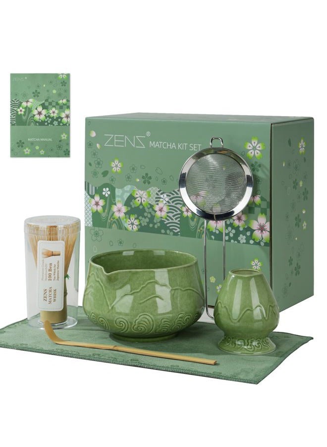 Zens Matcha Whisk Set, 17oz Ceramic Matcha Set Includes Matcha Bowl, Bamboo Whisk & Chasen Holder, Sifter, Scoop & Tea Towel, 6pcs Matcha Kit for Matcha Latte, Emerald Green - Image 1