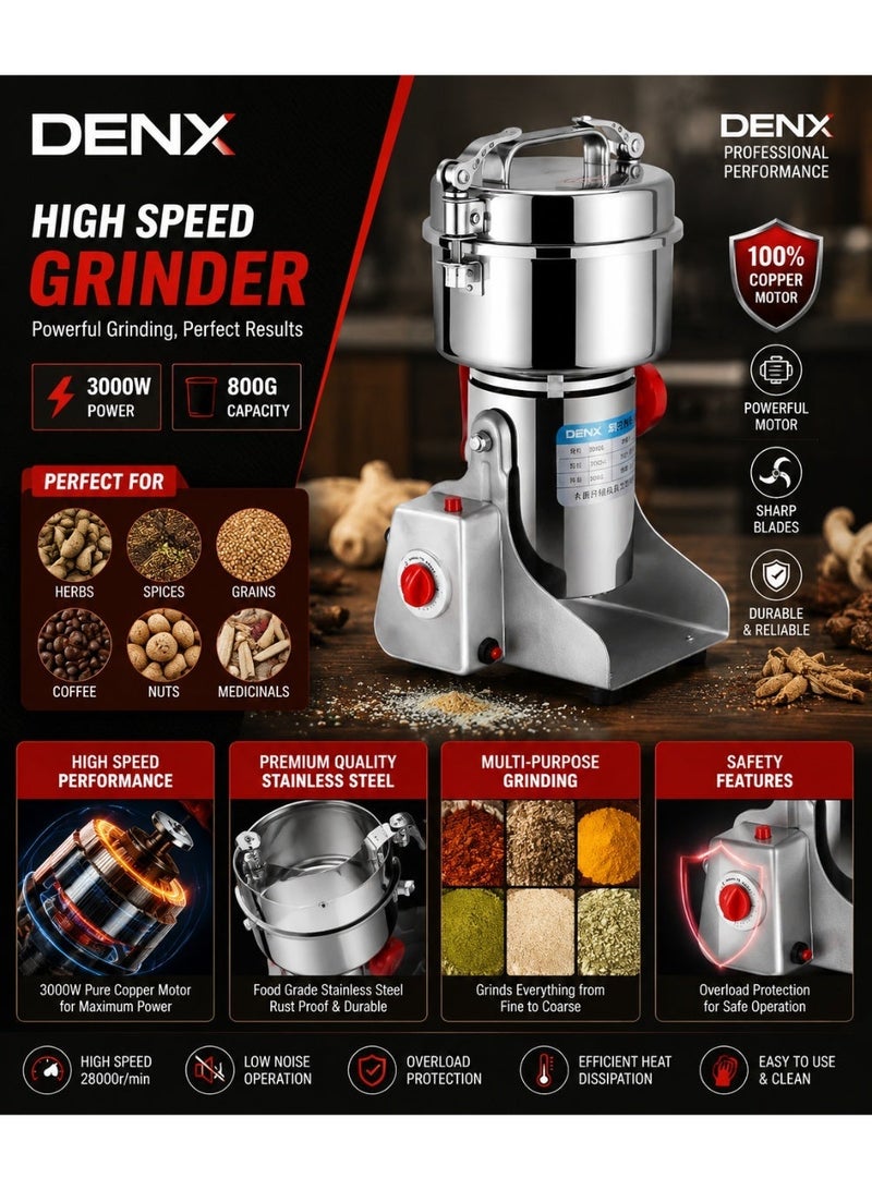 Denx 800g Commercial Electric Grain Grinder 3000W Heavy Duty Stainless Steel Spice Pulverizer Mill, High Speed Food Grade Herb Coffee Bean Grain Powder Machine with Timer for Kitchen & Pharmacy - Image 2