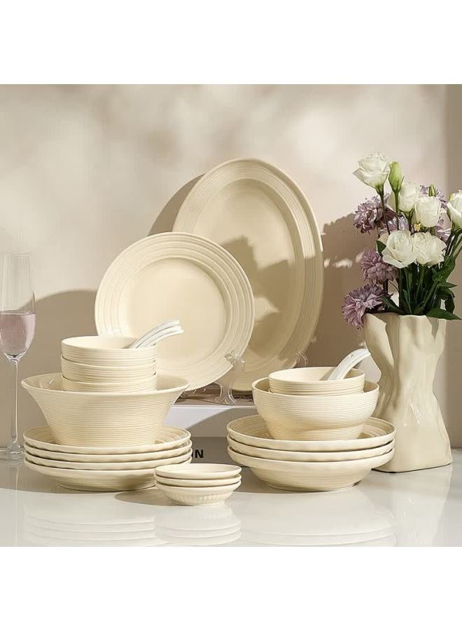 Treejack Fresh Cream-style Brushed Ceramic Bowls And Plates Set, High-quality Home Dining Tableware For Rice, Soup, And Dishes, Chopsticks, 11-piece Set