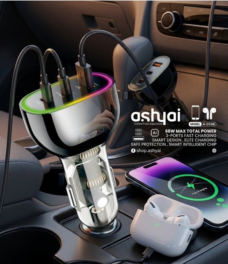 Ashyai A-CC68 Dual Type-C + USB-A Port 68W Multi-Port Car Adapter, High-Speed Charging for iPhone, Android, iPad, MacBook Pro - Image 1