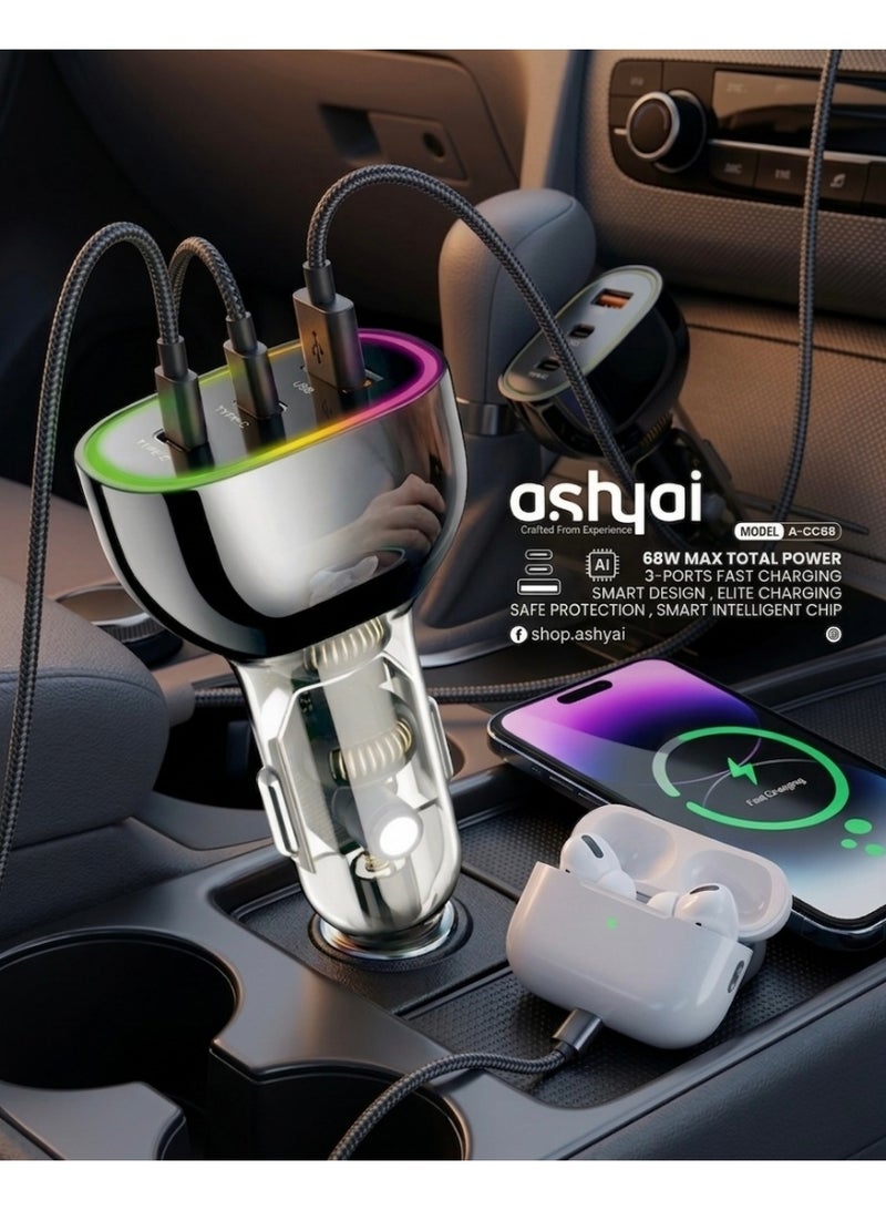 Ashyai A-CC68 Dual Type-C + USB-A Port 68W Multi-Port Car Adapter, High-Speed Charging for iPhone, Android, iPad, MacBook Pro - Image 4
