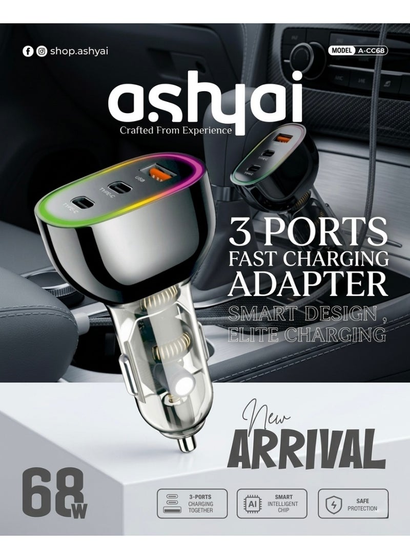Ashyai A-CC68 Dual Type-C + USB-A Port 68W Multi-Port Car Adapter, High-Speed Charging for iPhone, Android, iPad, MacBook Pro - Image 5