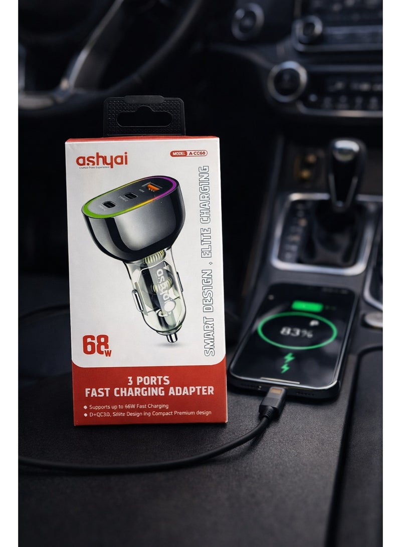 Ashyai A-CC68 Dual Type-C + USB-A Port 68W Multi-Port Car Adapter, High-Speed Charging for iPhone, Android, iPad, MacBook Pro - Image 3