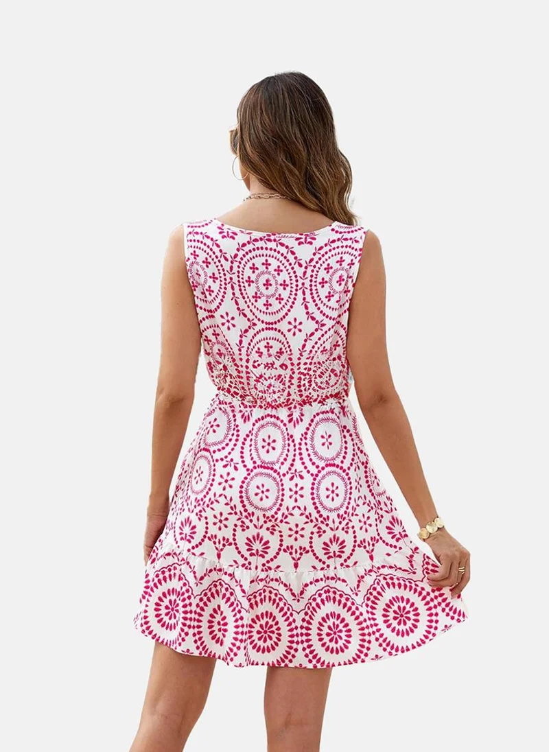 يونيكي White & Pink V Neck Ethnic Motif Print A-Line Dress