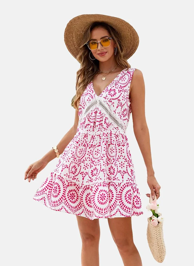 يونيكي White & Pink V Neck Ethnic Motif Print A-Line Dress