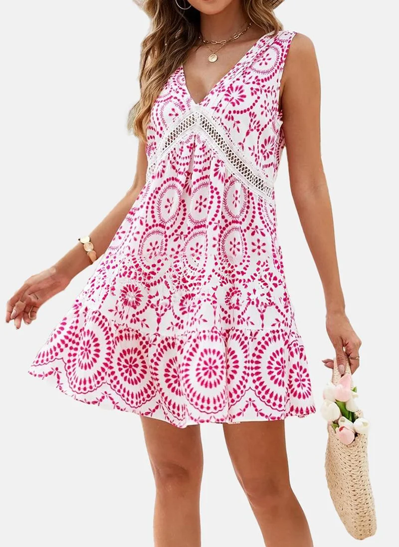 يونيكي White & Pink V Neck Ethnic Motif Print A-Line Dress