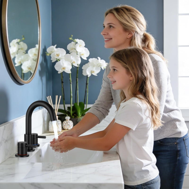 FGKQ Black Bathroom Faucet for Sink 3 Hole, Bathroom Sink Faucet with Pop Up Drain, 8 Inch Widespread Vanity Faucet 3 Hole, 360Â° Swivel Two Handle with Supply Lines - Image 4