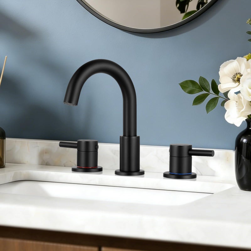 FGKQ Black Bathroom Faucet for Sink 3 Hole, Bathroom Sink Faucet with Pop Up Drain, 8 Inch Widespread Vanity Faucet 3 Hole, 360Â° Swivel Two Handle with Supply Lines - Image 1