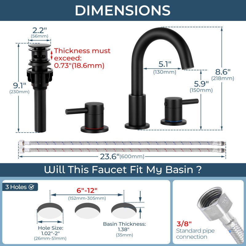FGKQ Black Bathroom Faucet for Sink 3 Hole, Bathroom Sink Faucet with Pop Up Drain, 8 Inch Widespread Vanity Faucet 3 Hole, 360Â° Swivel Two Handle with Supply Lines - Image 5