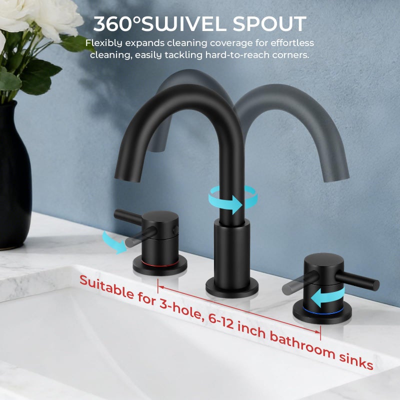 FGKQ Black Bathroom Faucet for Sink 3 Hole, Bathroom Sink Faucet with Pop Up Drain, 8 Inch Widespread Vanity Faucet 3 Hole, 360Â° Swivel Two Handle with Supply Lines - Image 3