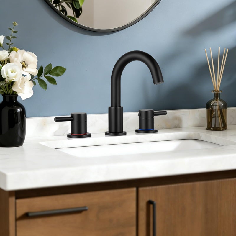 FGKQ Black Bathroom Faucet for Sink 3 Hole, Bathroom Sink Faucet with Pop Up Drain, 8 Inch Widespread Vanity Faucet 3 Hole, 360Â° Swivel Two Handle with Supply Lines - Image 2