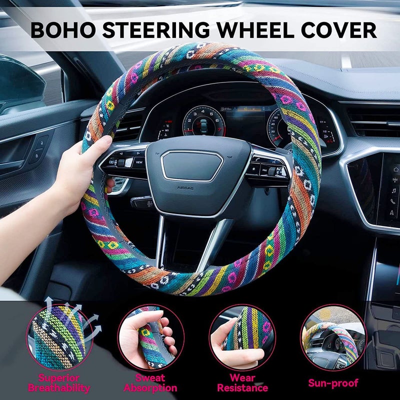 Limsas Boho Steering Wheel Cover Elastic Microfiber for Women, Universal Fit 15 inch Car SUV, Hippie Style Protector Cover, Anti-Slip, Breathable, Absorbing Sweat - 01 - Image 3