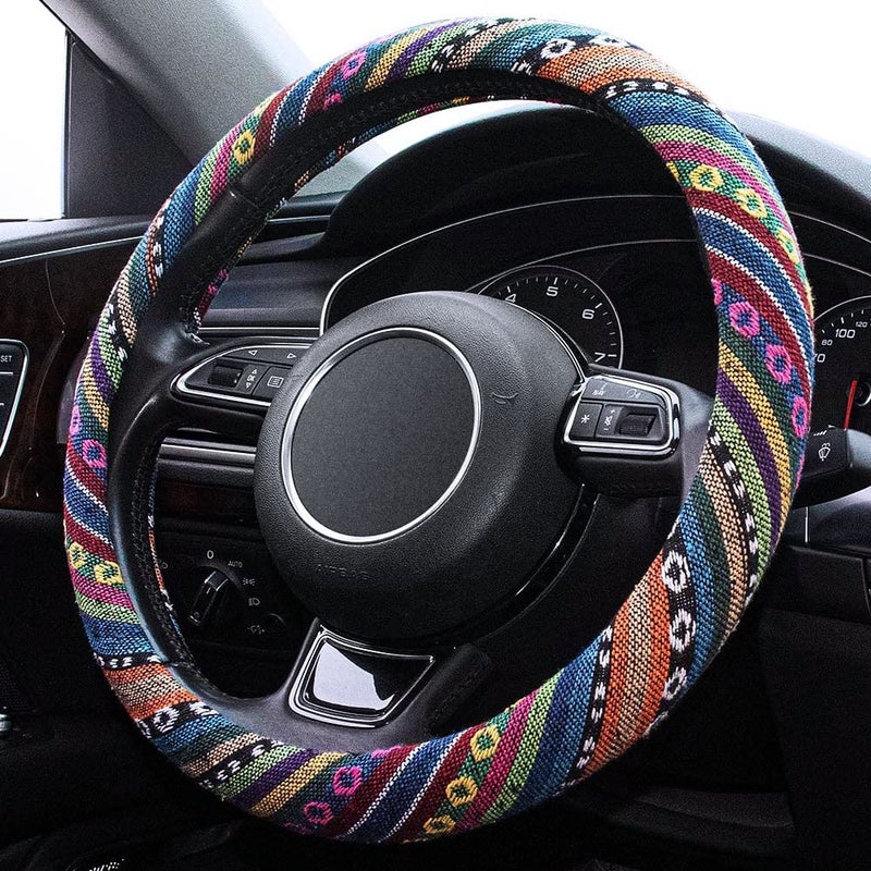 Limsas Boho Steering Wheel Cover Elastic Microfiber for Women, Universal Fit 15 inch Car SUV, Hippie Style Protector Cover, Anti-Slip, Breathable, Absorbing Sweat - 01 - Image 2