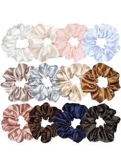 Sufermoe 12 Pcs Satin Silk Hair Scrunchies Soft Hair Ties Fashion Hair Bands Hair Bow Ropes Hair Elastic Bracelet Ponytail Holders Hair Accessories for Women Girls (4.5 Inch, Assorted Classic color) 