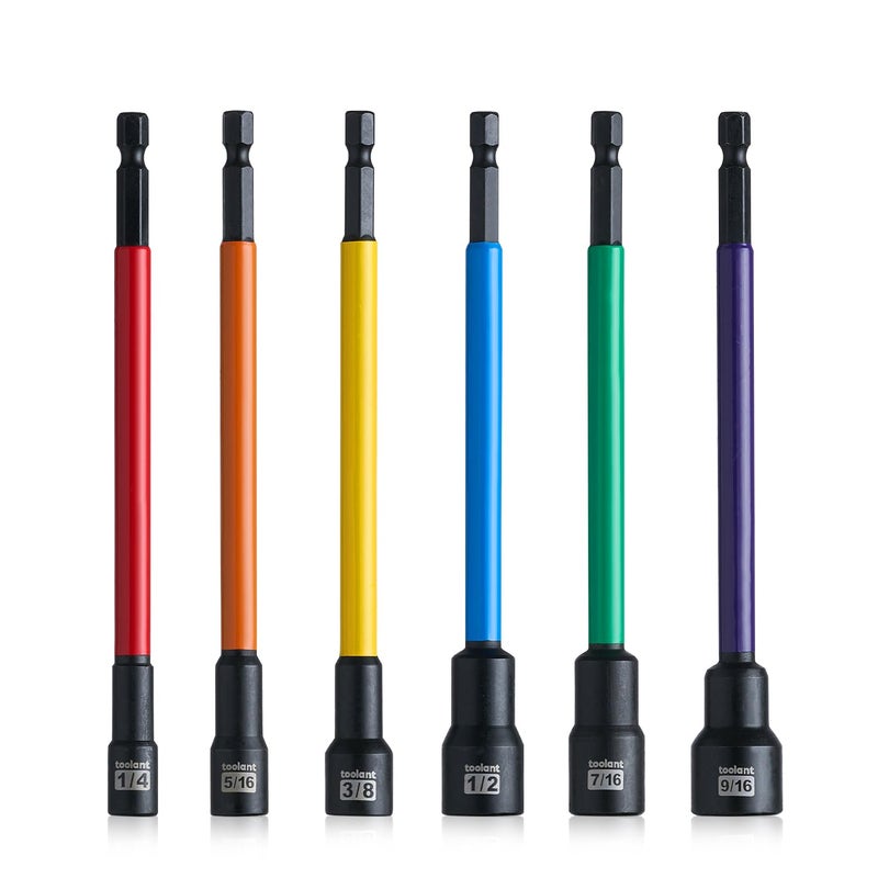 toolant Extra Long Nut Driver Bit Set, 6PCS SAE/Metric Magnetic Nut Driver Set 1/4''~9/16'' Nut Driver, 1/4'' Quick Change - Image 1