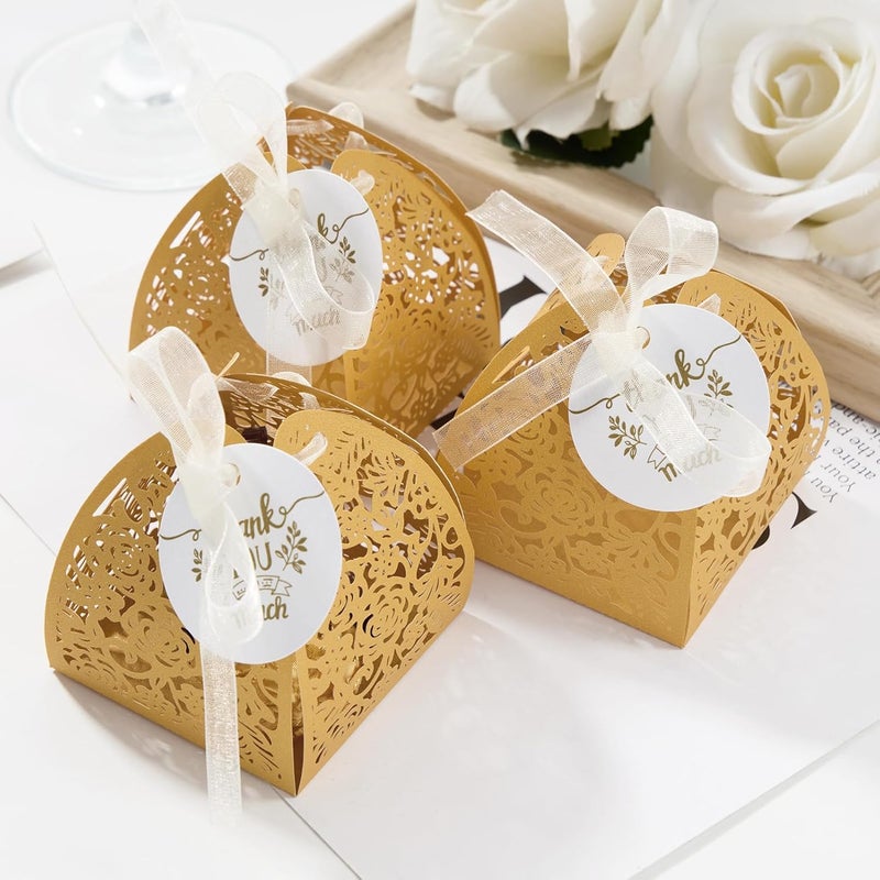 AdasBridal 50 عبوة من من صندو�� هدايا ذهبي مقطوع بالليزر على شكل وردة، صندوق حلوى صغير جدًا بحجم 2.36 بوصة مع بطاقة شكر وشرائط، صناديق هدايا صغيرة لأعياد الميلاد والذكرى السنوية وحفلات استقبال العروس والمولود وحفلات الزفاف - Image 4