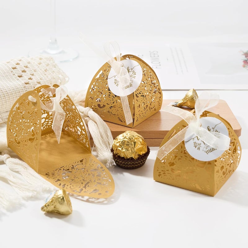 AdasBridal 50 عبوة من من صندو�� هدايا ذهبي مقطوع بالليزر على شكل وردة، صندوق حلوى صغير جدًا بحجم 2.36 بوصة مع بطاقة شكر وشرائط، صناديق هدايا صغيرة لأعياد الميلاد والذكرى السنوية وحفلات استقبال العروس والمولود وحفلات الزفاف - Image 3
