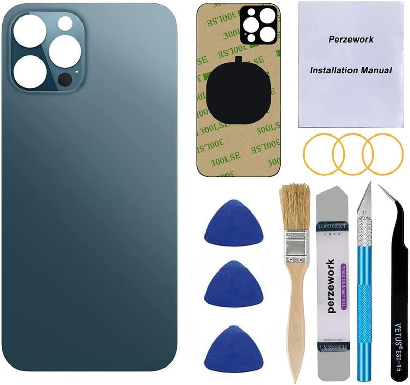 Perzework OEM Rear Back Glass Replacement (Pacific Blue) Compatible with iPhone 12 pro max 6.7 inches All Carriers with Pre-Installed Adhesive and Repairing Tool Kits - Image 1
