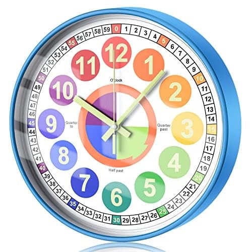 DORBOKER Learning Clock for Kids Glow in The Dark Wall Clock for Bedroom 12 Inch Silent Night Light Kids Wall Clock Colorful Illuminated Telling Time Teaching ClockKids Room Decor
