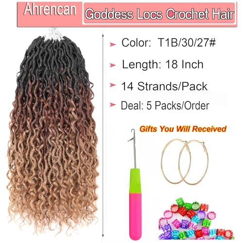 Ahrencan Ombre Faux Locs Crochet Hair With Curly Ends,18 Inch Three Tone Black/Brown/Dark Blonde Boho Goddess Locs Crochet Hair Pre Looped River Lock Crotchet Braids For Black Women(5 Packs,18",T1B/30/27#) - Image 2