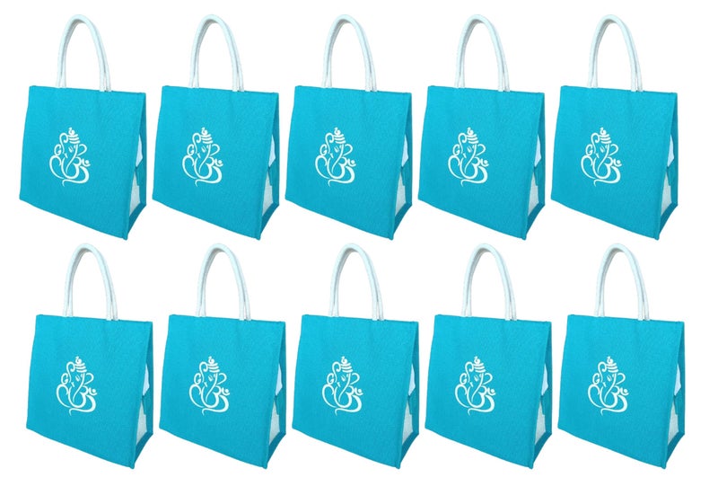 Soman Jute Thamboolam (Large) Bags for Return Gifts Green-Blue Combo - Pack of 10 bags - Image 1