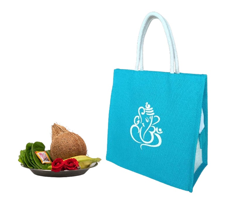 Soman Jute Thamboolam (Large) Bags for Return Gifts Green-Blue Combo - Pack of 10 bags - Image 5