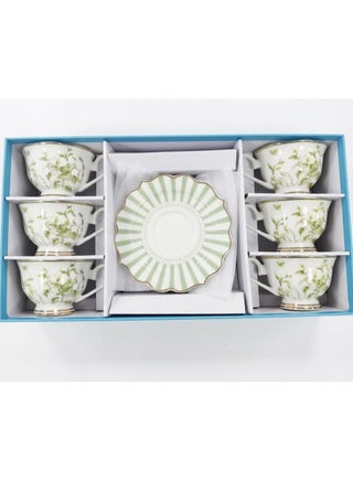 Abl 6Pcs Cup And Saucer Set Ceramic White With Green Flower 200 Ml