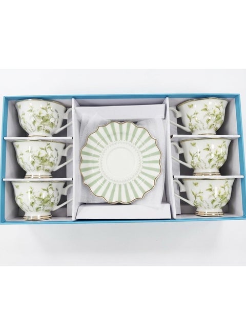 Abl 6Pcs Cup And Saucer Set Ceramic White With Green Flower 200 Ml