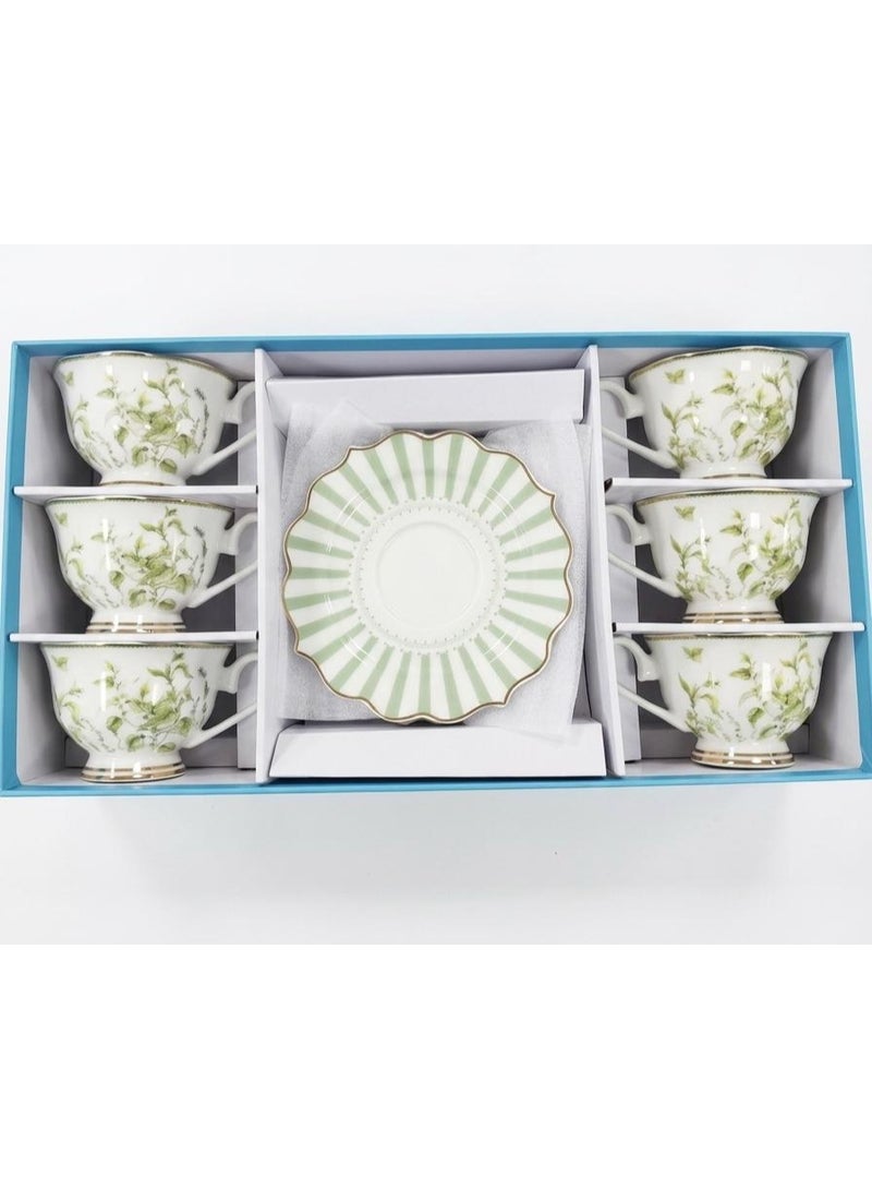 AKDC Abl 6Pcs Cup And Saucer Set Ceramic White With Green Flower 200 Ml - Image 1
