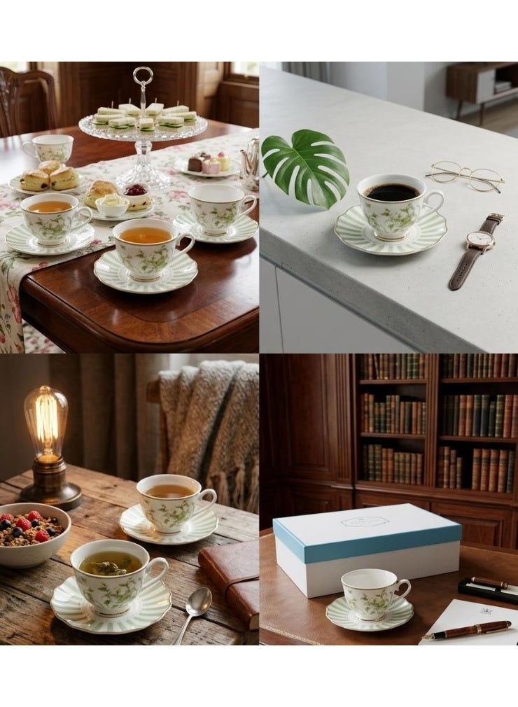 AKDC Abl 6Pcs Cup And Saucer Set Ceramic White With Green Flower 200 Ml - Image 2