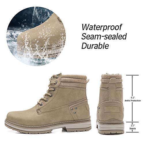 Athlefit Women's Work Waterproof Hiking Combat Boots Lace up Low Heel Booties Ankle Boots Size 8.5 Khaki - Image 2