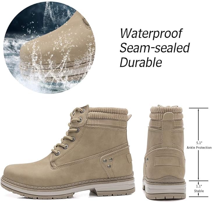 Athlefit Women's Work Waterproof Hiking Combat Boots Lace up Low Heel Booties Ankle Boots Size 8.5 Khaki - Image 3