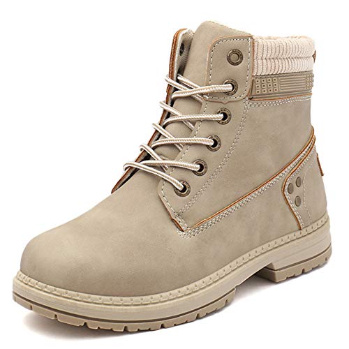 Athlefit Women's Work Waterproof Hiking Combat Boots Lace up Low Heel Booties Ankle Boots Size 8.5 Khaki - Image 1