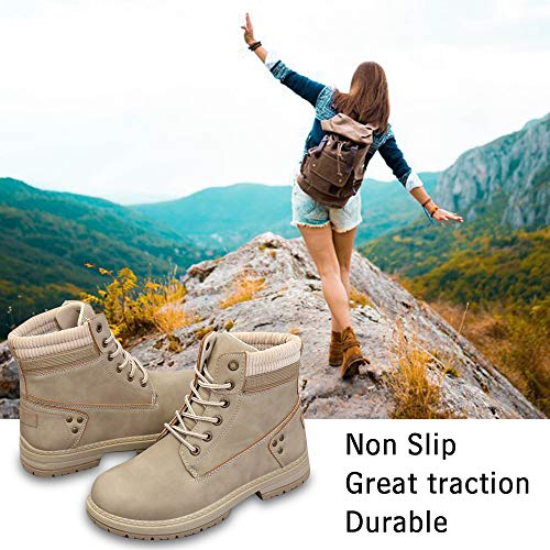 Athlefit Women's Work Waterproof Hiking Combat Boots Lace up Low Heel Booties Ankle Boots Size 8.5 Khaki - Image 4
