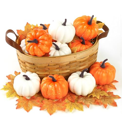 DomeStar 42 PCS Artificial Pumpkins Sets 12PCS Fake Pumpkins with 30PCS Maple Leaves 1PC String Lights Fall Harvest Pumpkins for Crafts Halloween Thanksgiving Decorations