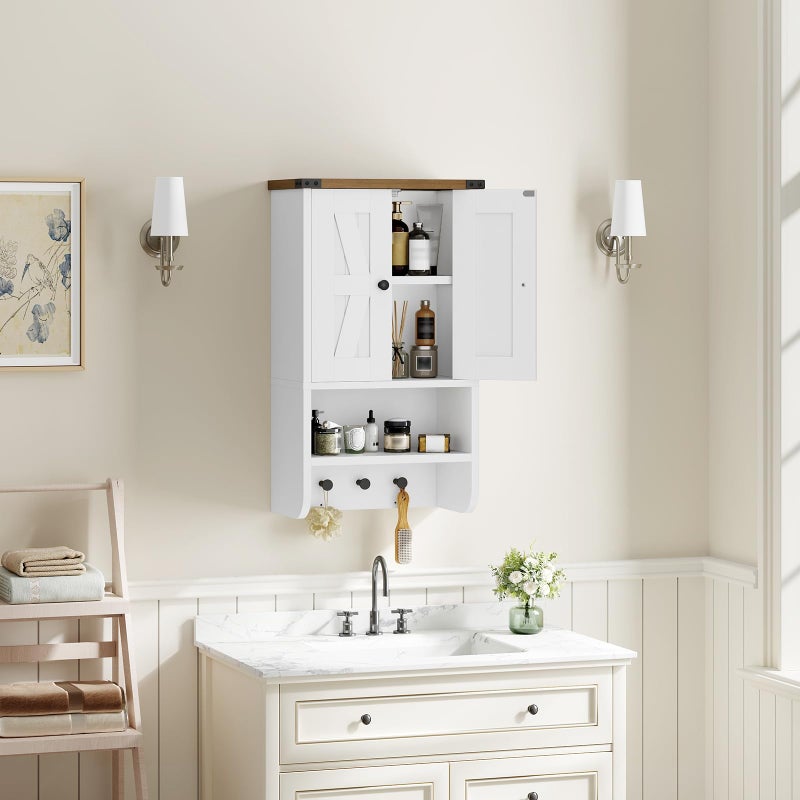 MAHANCRIS Bathroom Wall Cabinet, Farmhouse Medicine Cabinet with Adjustable Shelf, 3-Tier Wall-Mounted Storage Cabinet with 3 Hooks and Open Shelf, for Bathroom, Living Room, Kitchen, White and Walnut - Image 5