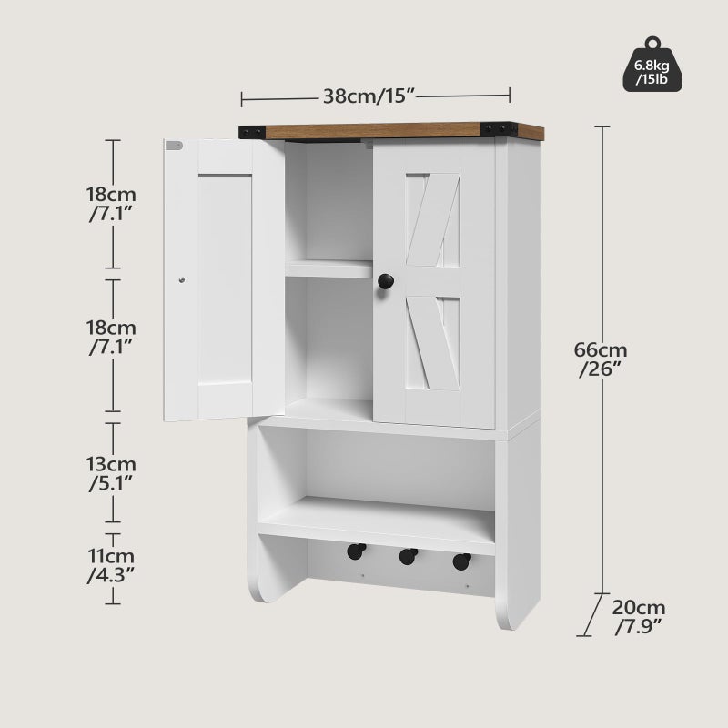 MAHANCRIS Bathroom Wall Cabinet, Farmhouse Medicine Cabinet with Adjustable Shelf, 3-Tier Wall-Mounted Storage Cabinet with 3 Hooks and Open Shelf, for Bathroom, Living Room, Kitchen, White and Walnut - Image 4